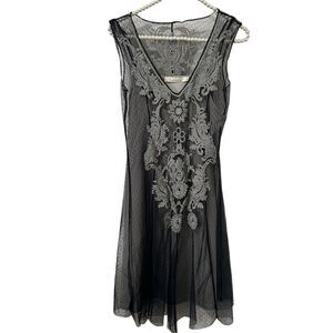 Solitaire Small Gray tank Dress W/ Blue Mesh Overlay Embroidered Boho Chic Fairy
